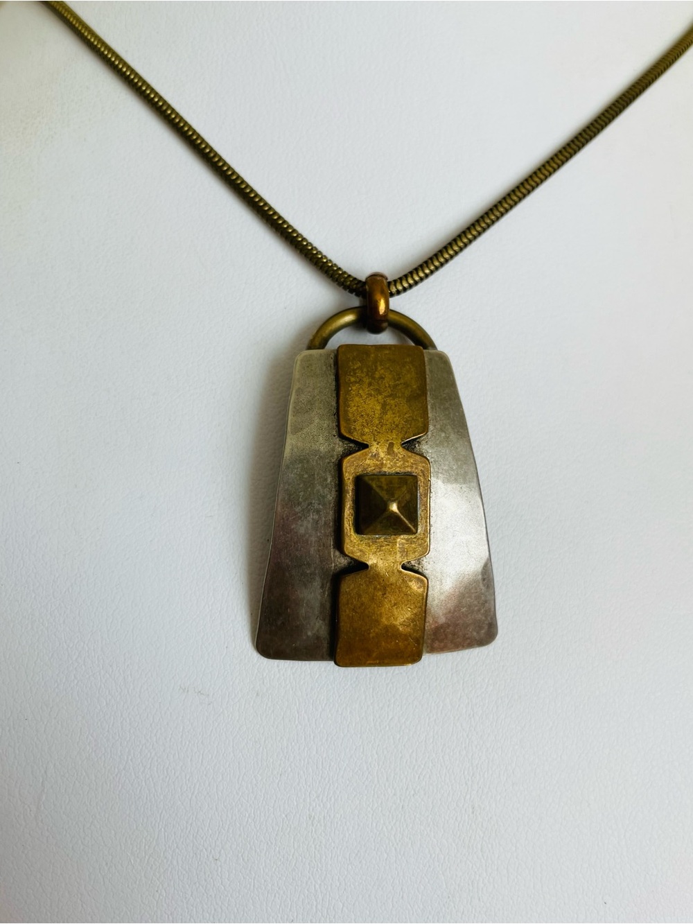 Marjorie Baer Vintage Two-Tone Gold and Silver Geometric Pendant Necklace 24" L